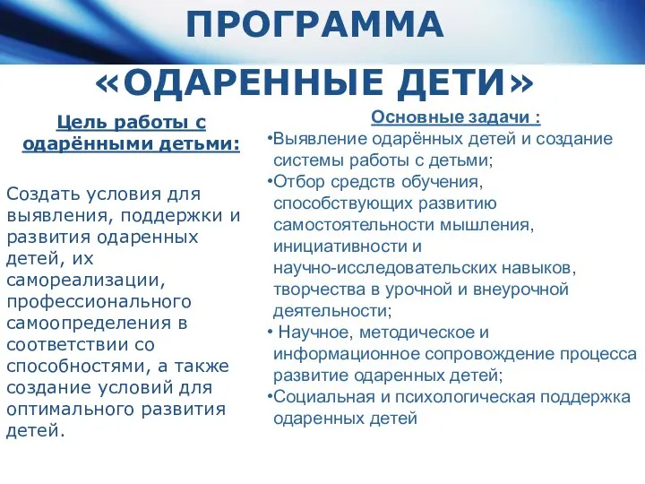 ПРОГРАММА «ОДАРЕННЫЕ ДЕТИ» Цель работы с одарёнными детьми: Создать условия для