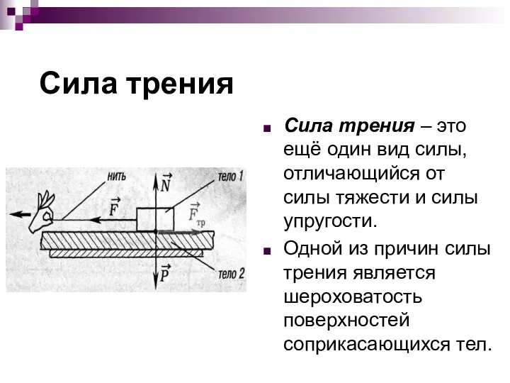 Сила трения Сила трения – это ещё один вид силы, отличающийся