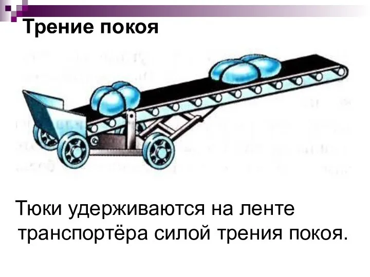 Трение покоя Тюки удерживаются на ленте транспортёра силой трения покоя.