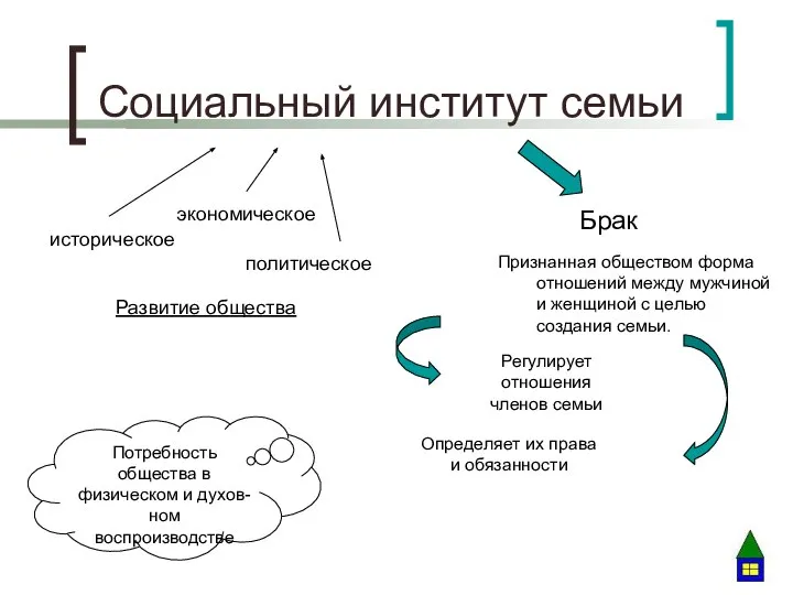 Социальный институт семьи Развитие общества историческое экономическое политическое Брак Потребность общества