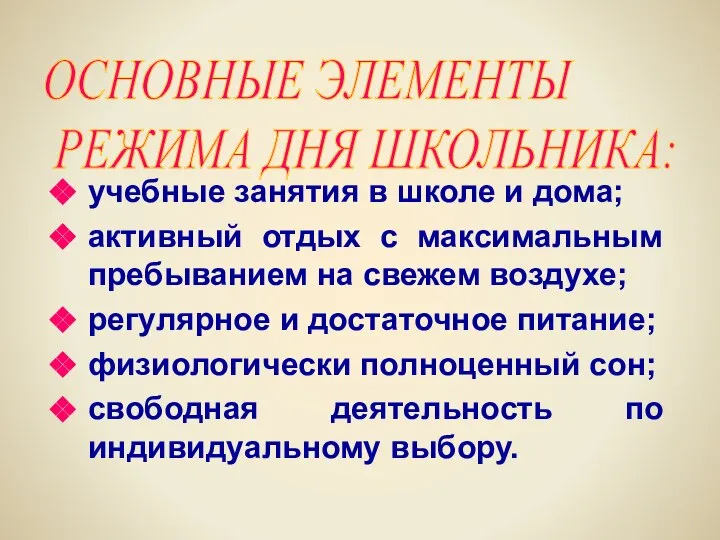 учебные занятия в школе и дома; активный отдых с максимальным пребыванием