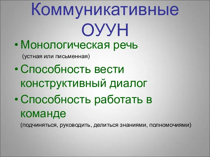 Коммуникативные ОУУН Монологическая речь (устная или письменная) Способность вести конструктивный диалог