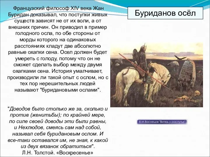 Французский философ XIV века Жан Буридан доказывал, что поступки живых существ