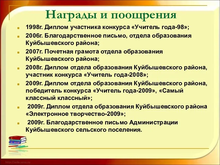 Награды и поощрения 1998г. Диплом участника конкурса «Учитель года-98»; 2006г. Благодарственное