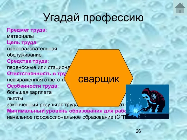 Угадай профессию Предмет труда: материалы Цель труда: преобразовательная обслуживание Средства труда: