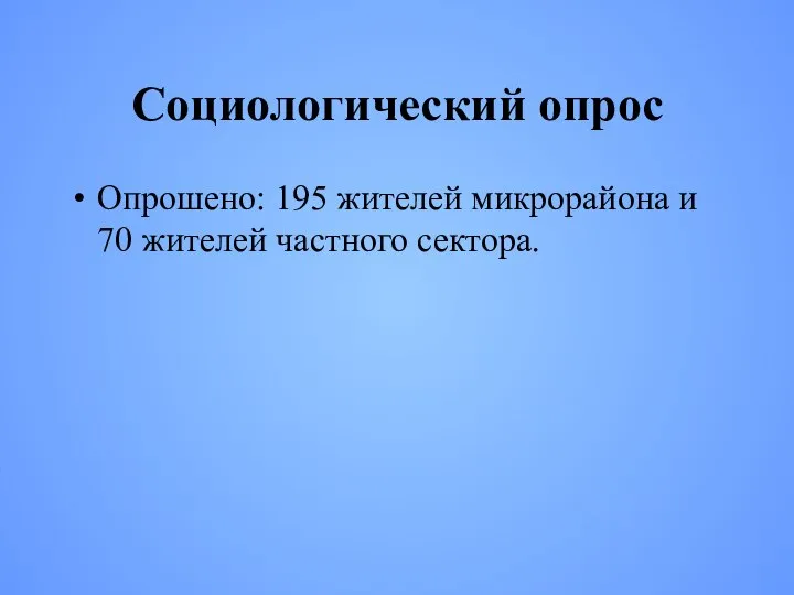 Социологический опрос Опрошено: 195 жителей микрорайона и 70 жителей частного сектора.