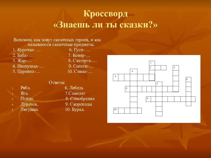 Кроссворд «Знаешь ли ты сказки?» Вспомни, как зовут сказочных героев, и