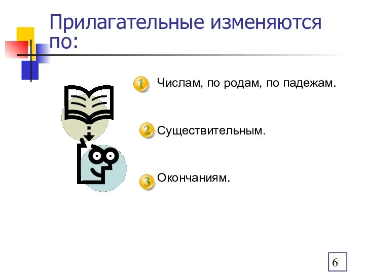 Прилагательные изменяются по: Числам, по родам, по падежам. Существительным. Окончаниям.