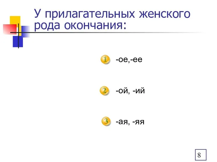 У прилагательных женского рода окончания: -ое,-ее -ой, -ий -ая, -яя