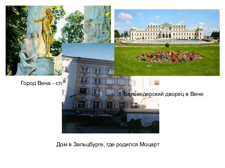 Город Вена - столица Австрии Дом в Зальцбурге, где родился Моцарт Бельведерский дворец в Вене
