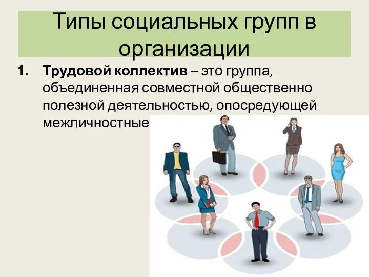 Типы социальных групп в организации Трудовой коллектив – это группа, объединенная