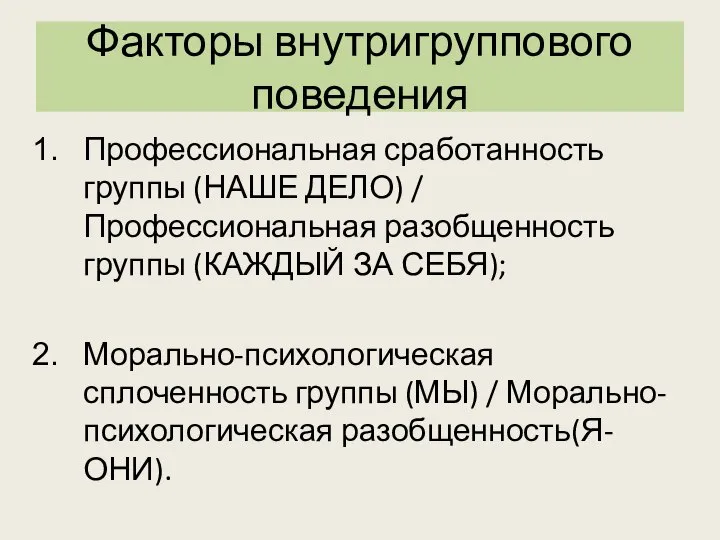 Факторы внутригруппового поведения Профессиональная сработанность группы (НАШЕ ДЕЛО) / Профессиональная разобщенность