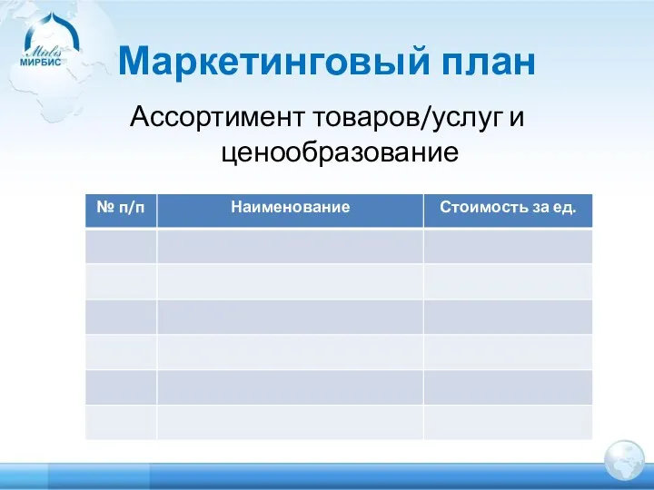 Маркетинговый план Ассортимент товаров/услуг и ценообразование