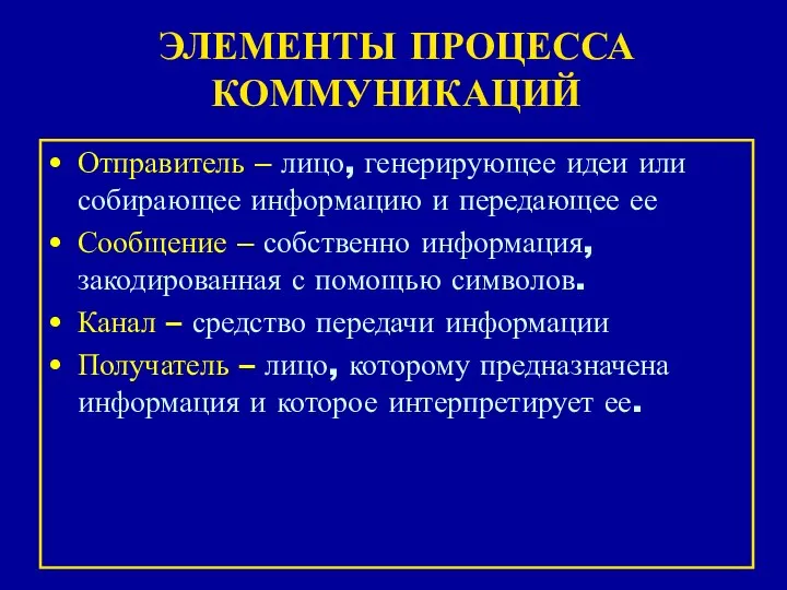 ЭЛЕМЕНТЫ ПРОЦЕССА КОММУНИКАЦИЙ Отправитель – лицо, генерирующее идеи или собирающее информацию