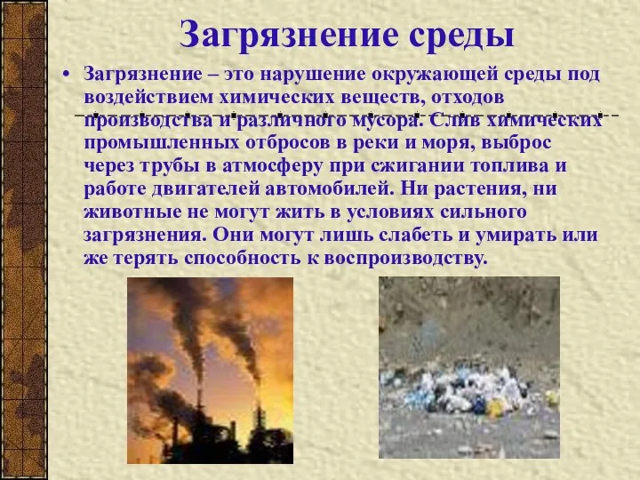 Загрязнение среды Загрязнение – это нарушение окружающей среды под воздействием химических