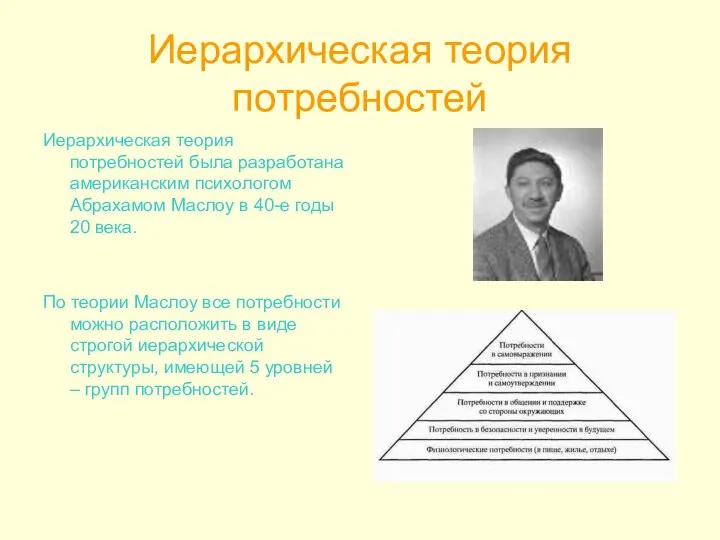 Иерархическая теория потребностей Иерархическая теория потребностей была разработана американским психологом Абрахамом