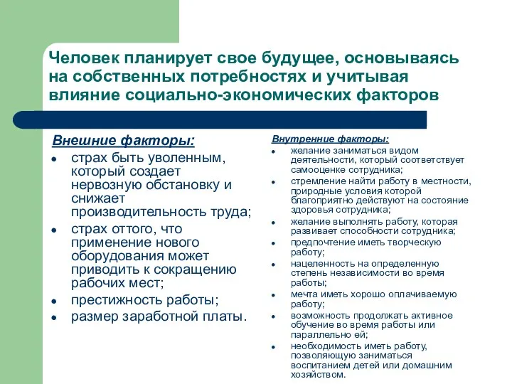 Человек планирует свое будущее, основываясь на собственных потребностях и учитывая влияние