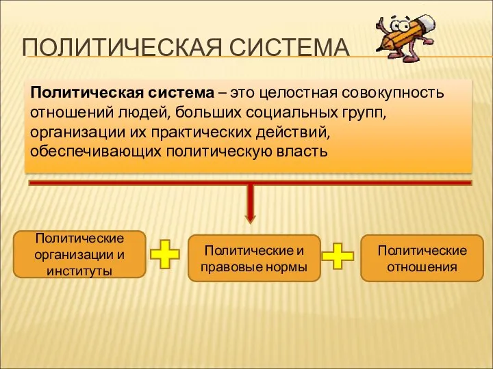 ПОЛИТИЧЕСКАЯ СИСТЕМА Политическая система – это целостная совокупность отношений людей, больших