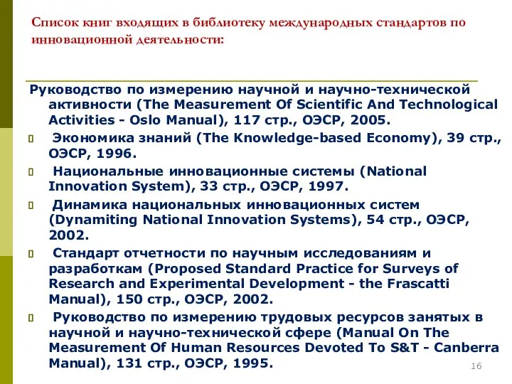 Список книг входящих в библиотеку международных стандартов по инновационной деятельности: Руководство