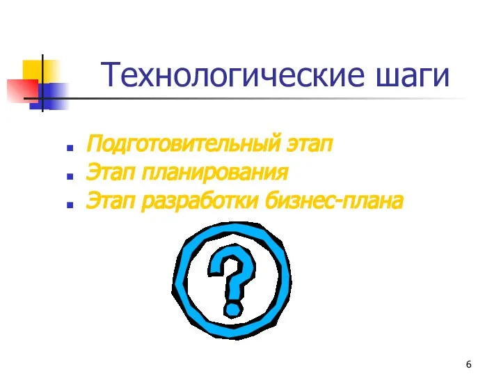 Технологические шаги Подготовительный этап Этап планирования Этап разработки бизнес-плана