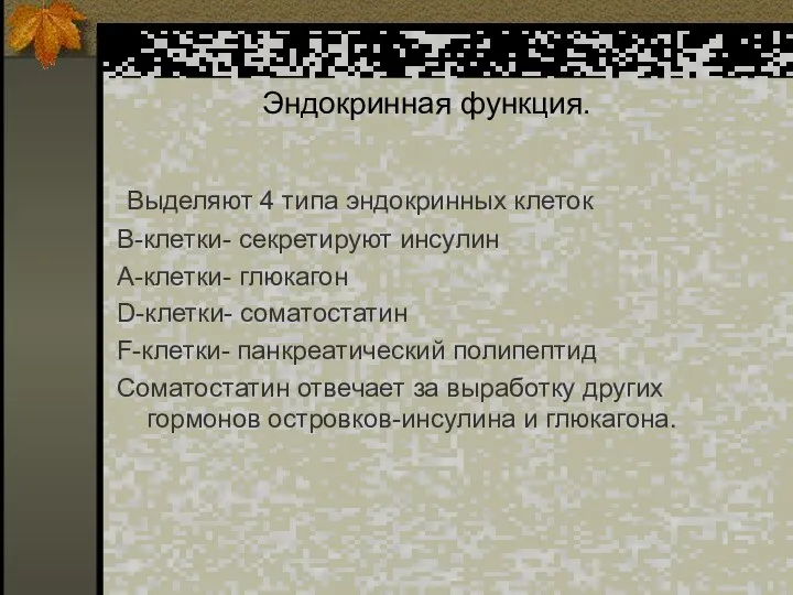 Эндокринная функция. Выделяют 4 типа эндокринных клеток B-клетки- секретируют инсулин А-клетки-