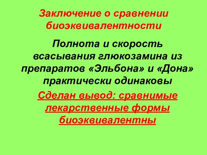 Заключение о сравнении биоэквивалентности Полнота и скорость всасывания глюкозамина из препаратов