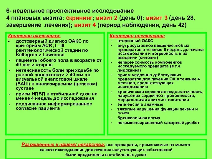 6- недельное проспективное исследование 4 плановых визита: скрининг; визит 2 (день