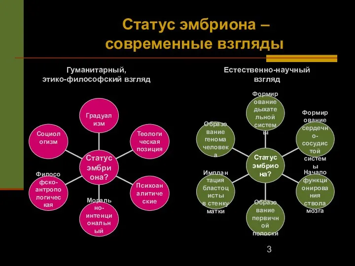 Статус эмбриона – современные взгляды Гуманитарный, этико-философский взгляд Естественно-научный взгляд