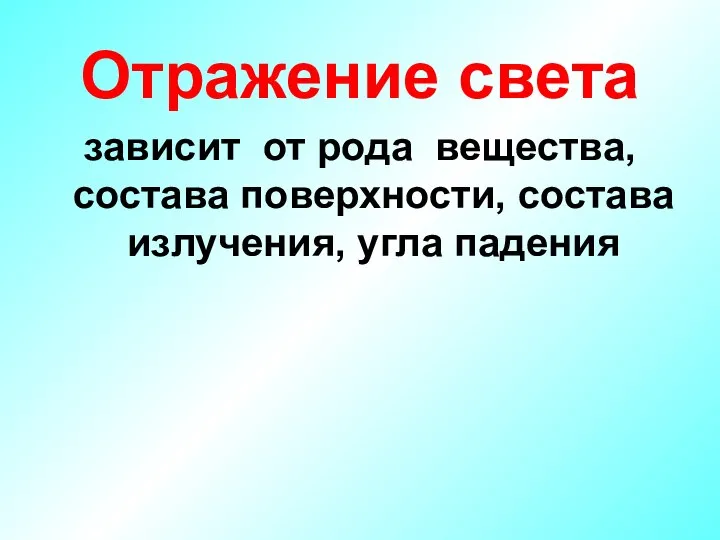 Отражение света зависит от рода вещества, состава поверхности, состава излучения, угла падения