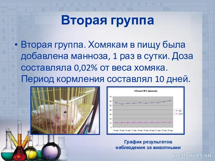 Вторая группа Вторая группа. Хомякам в пищу была добавлена манноза, 1