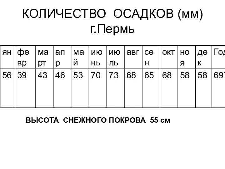 КОЛИЧЕСТВО ОСАДКОВ (мм) г.Пермь ВЫСОТА СНЕЖНОГО ПОКРОВА 55 см