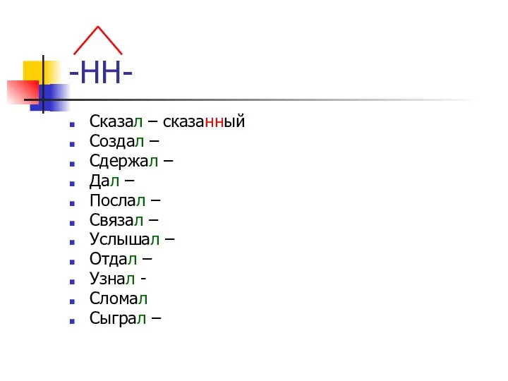 -НН- Сказал – сказанный Создал – Сдержал – Дал – Послал