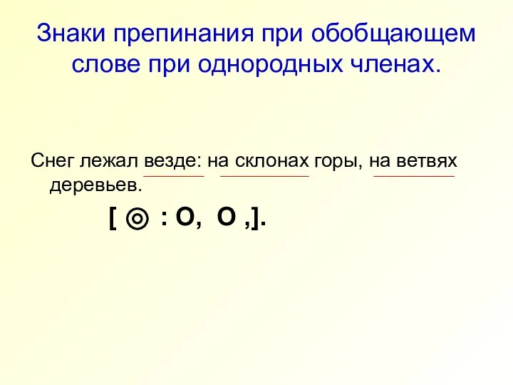 Снег лежал везде: на склонах горы, на ветвях деревьев. [ :