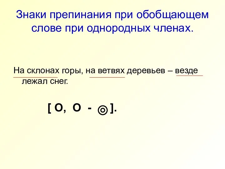 Знаки препинания при обобщающем слове при однородных членах. На склонах горы,