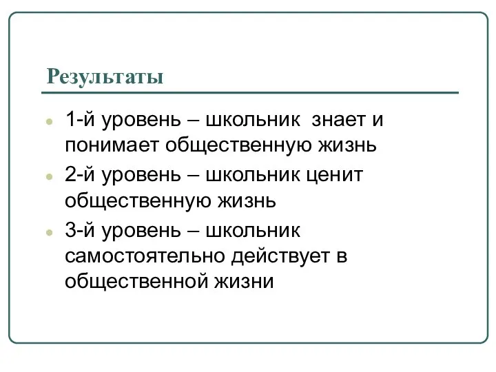 Результаты 1-й уровень – школьник знает и понимает общественную жизнь 2-й