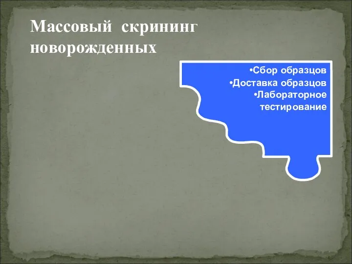 Массовый скрининг новорожденных Сбор образцов Доставка образцов Лабораторное тестирование