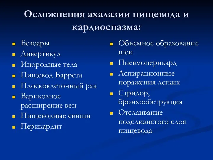 Осложнения ахалазии пищевода и кардиоспазма: Безоары Дивертикул Инородные тела Пищевод Баррета