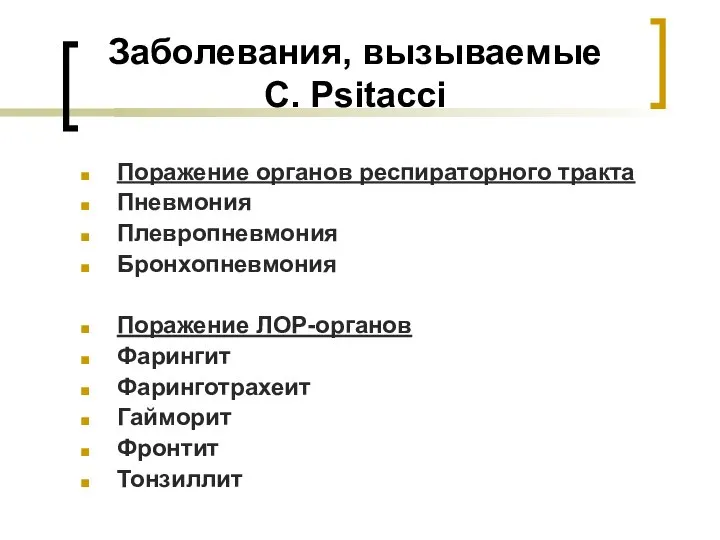 Заболевания, вызываемые C. Рsitacci Поражение органов респираторного тракта Пневмония Плевропневмония Бронхопневмония