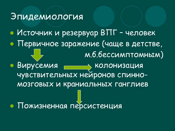 Эпидемиология Источник и резервуар ВПГ – человек Первичное заражение (чаще в