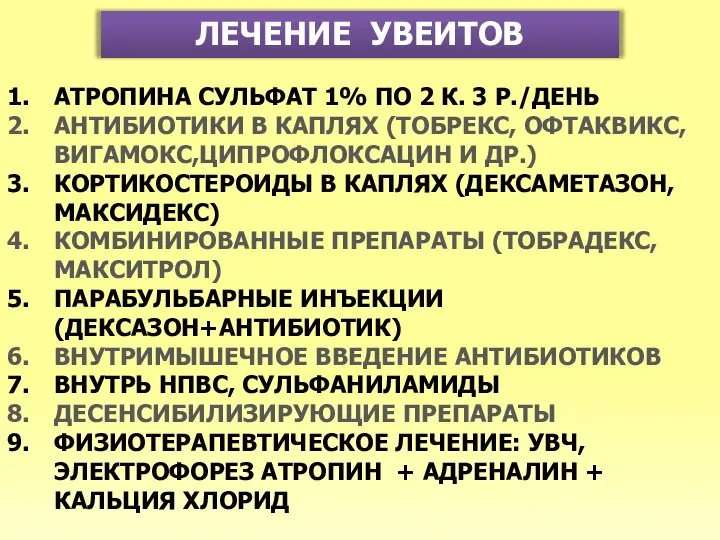 ЛЕЧЕНИЕ УВЕИТОВ АТРОПИНА СУЛЬФАТ 1% ПО 2 К. 3 Р./ДЕНЬ АНТИБИОТИКИ