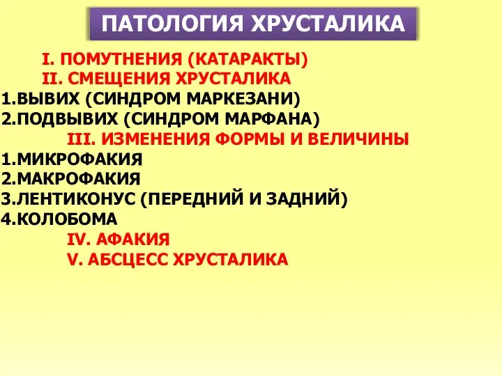 ПАТОЛОГИЯ ХРУСТАЛИКА I. ПОМУТНЕНИЯ (КАТАРАКТЫ) II. СМЕЩЕНИЯ ХРУСТАЛИКА ВЫВИХ (СИНДРОМ МАРКЕЗАНИ)