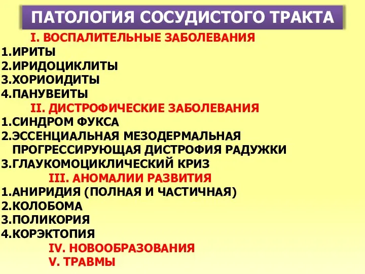 ПАТОЛОГИЯ СОСУДИСТОГО ТРАКТА I. ВОСПАЛИТЕЛЬНЫЕ ЗАБОЛЕВАНИЯ ИРИТЫ ИРИДОЦИКЛИТЫ ХОРИОИДИТЫ ПАНУВЕИТЫ II.