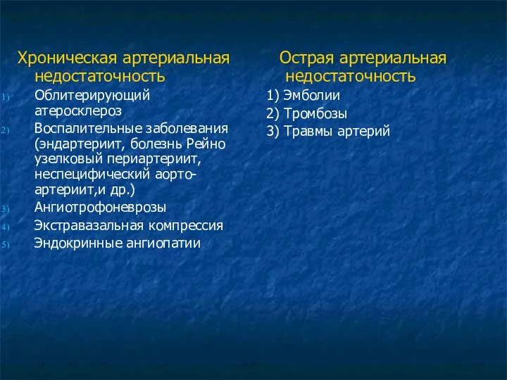 Острая артериальная недостаточность 1) Эмболии 2) Тромбозы 3) Травмы артерий Хроническая