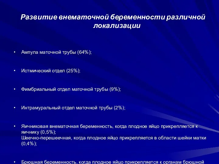 Развитие внематочной беременности различной локализации Ампула маточной трубы (64%); Истмический отдел