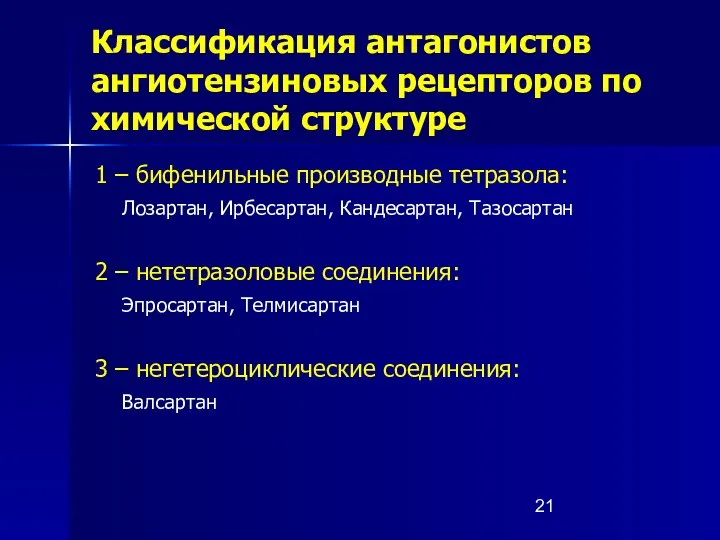 Классификация антагонистов ангиотензиновых рецепторов по химической структуре 1 – бифенильные производные