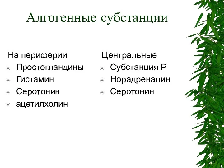 Алгогенные субстанции На периферии Простогландины Гистамин Серотонин ацетилхолин Центральные Субстанция Р Норадреналин Серотонин