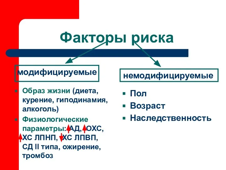 Факторы риска модифицируемые немодифицируемые Образ жизни (диета, курение, гиподинамия, алкоголь) Физиологические