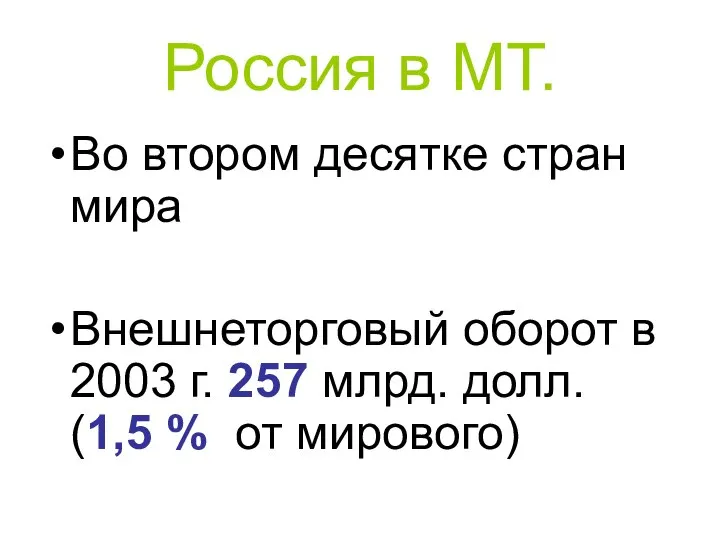 Россия в МТ. Во втором десятке стран мира Внешнеторговый оборот в