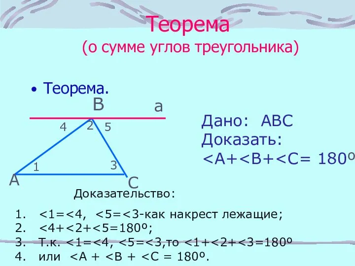 Теорема (о сумме углов треугольника) Теорема. В А С а Дано: