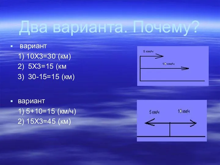 Два варианта. Почему? вариант 1) 5+10=15 (км/ч) 2) 15Х3=45 (км) вариант